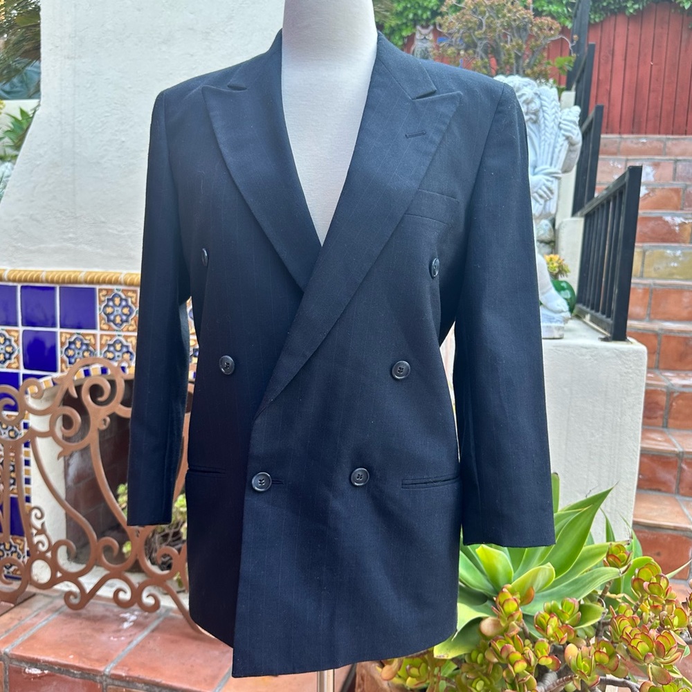 VTG Christian Dior Boyfriend Strip Double Breasted Wool Poly Jacket Coat Size S